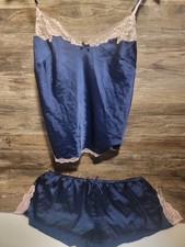 Victoria's Secret Satin Navy Pink Pajama Set Cami Tank Top Shorts Size Large