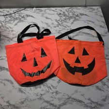 Bright Orange Pumpkin Face Drawstring Handle Trick or Treat Bags  Set of 2 