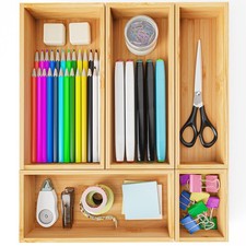 Bamboo Drawer Organizer Boxes, 5 PCS Junk Drawer Organizer, Wooden Storage Tr...