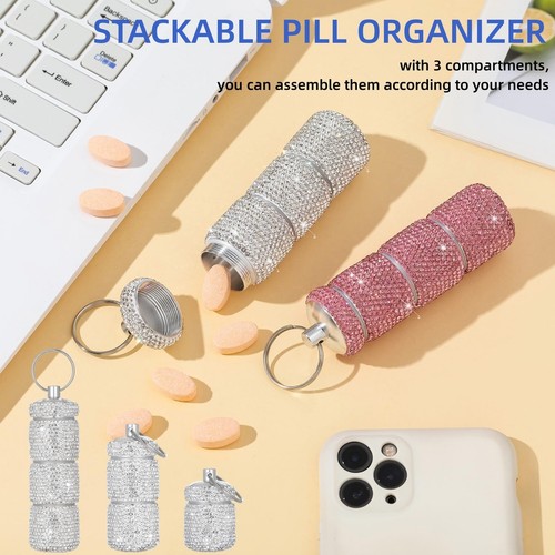 Keychain Pill Holder Travel Small Pill Box Portable Purse Pill Case Bling Pil... - Picture 3 of 7