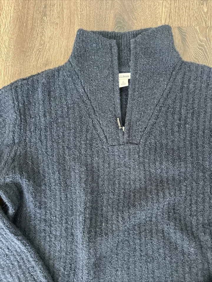 Suéter Pullover LL Bean Para Hombres L 1/4 Cremallera Azul Marino Mezcla de Lana Acanalado Elastizado Suave Foto 2 de 4