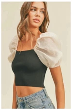 Women's Miou Muse Top S Puff Sleeve Knit Black White Square Neck Feminine