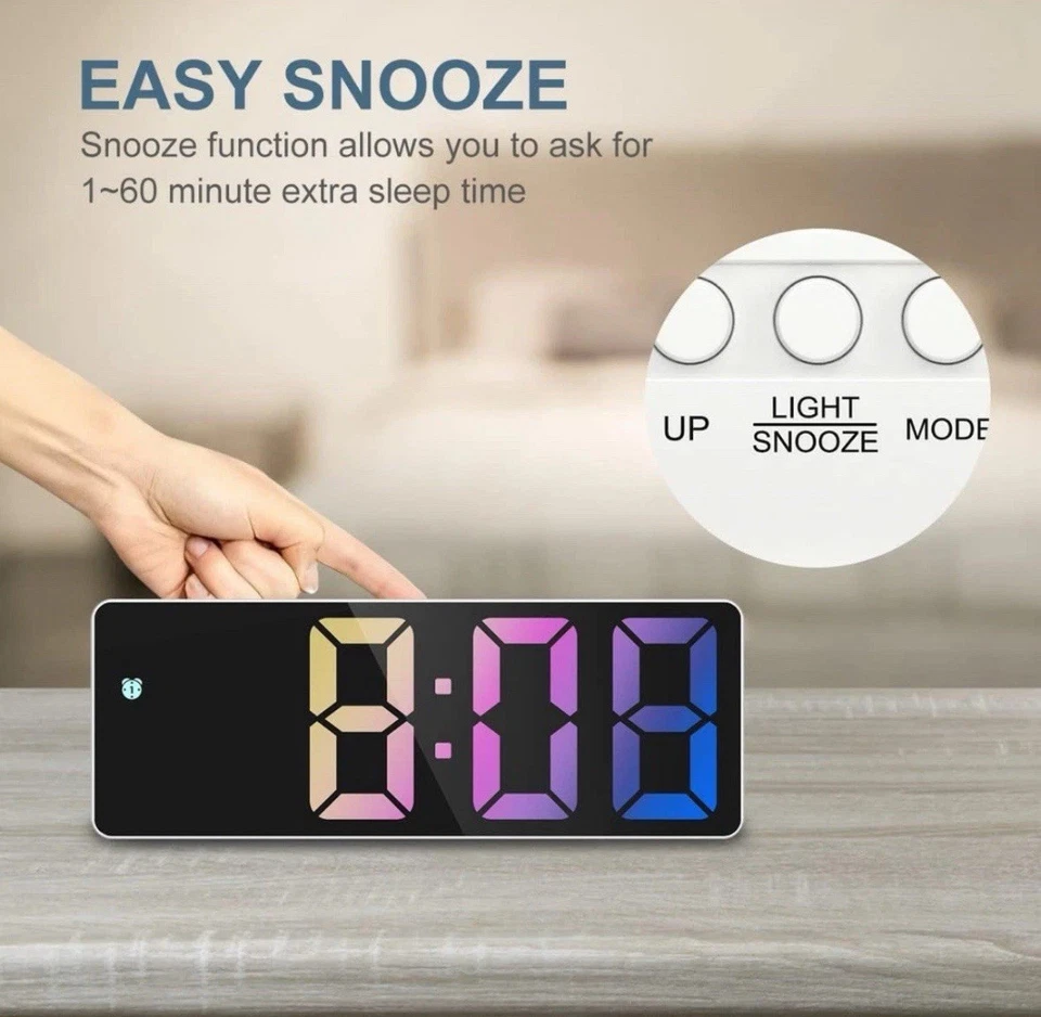 Simple Alarm Clock Large LED Display Easy Set Up Rainbow Digit Date Temperature - Image 4 of 4