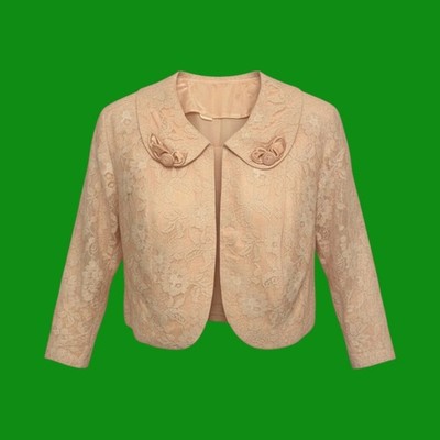 Vintage 50s Bolero Jacket Peach Lace Satin Rosette Peter Pan Collar Large