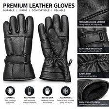 Men s Black Genuine Leather Winter Gloves Warm Lined Adjustable Wrist Strap
