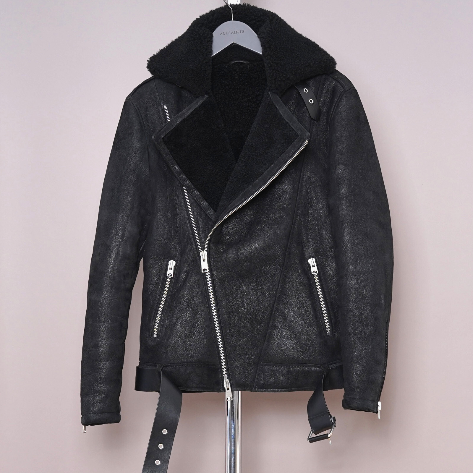 ALL SAINTS Shearling Leather Jacket XS Mens Sheepskin Black Biker Grail BYWARD