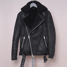 ALL SAINTS Shearling Leather Jacket XS Mens Sheepskin Black Biker Grail BYWARD