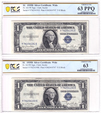 1935D, $1 Silver Certificate's Wide Sequential Pair PCGS 63 Choice UNC