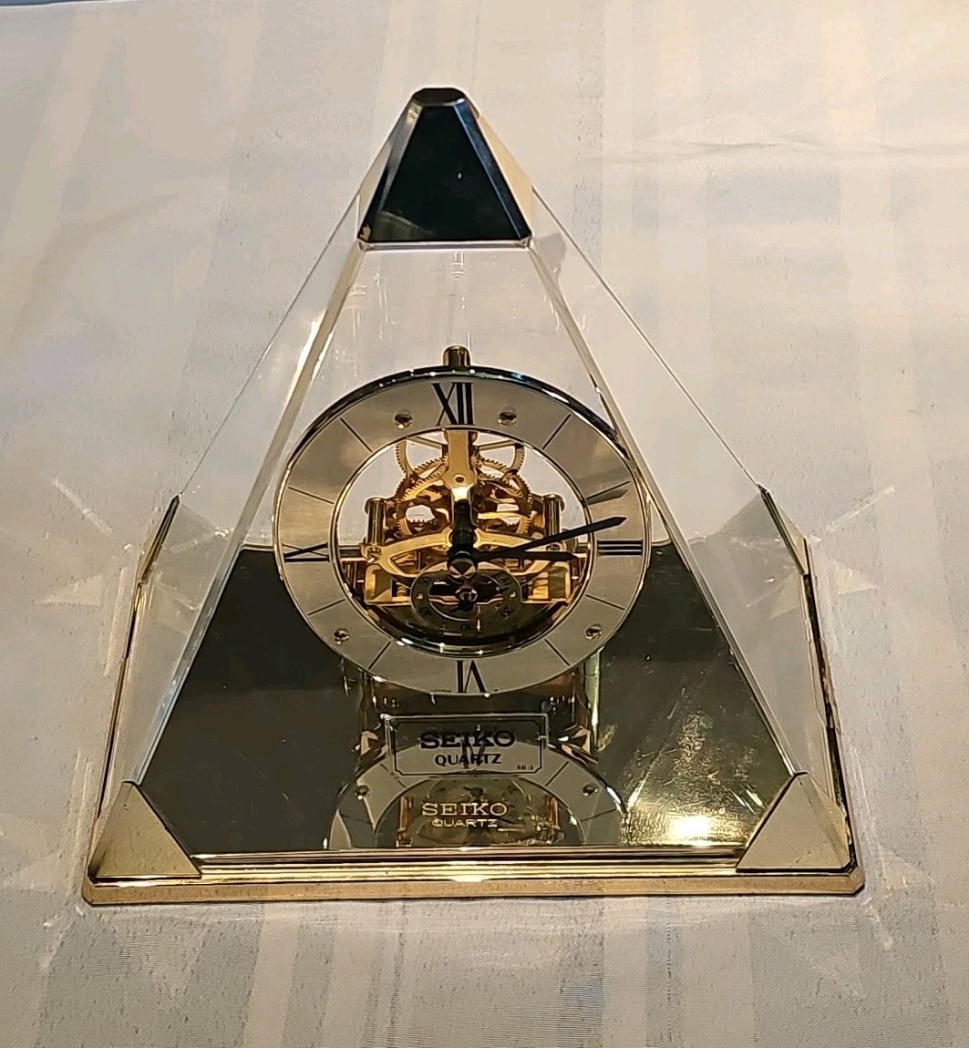 Vintage Seiko Pyramid Quartz Skeleton Open Face Mantle Clock