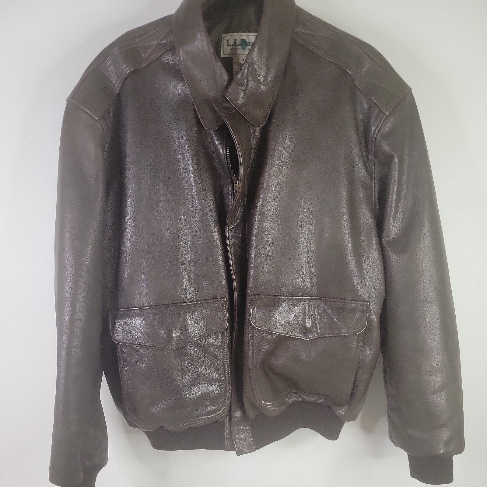 Vintage LL Bean Brown Leather Bomber Flight Jacket Si… Gem