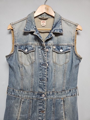 Y2K Retro Miss Sixty Dark Blue Distressed Denim Sleeveless Jacket Dress Size L - Picture 3 of 18