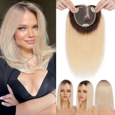 100% Real Human Hair Topper Women Clip In Side Part Top Toupee Hair Extensions