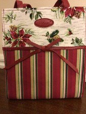 Longaberger Striped Holly Christmas Fabric Tote W/ Leather Trim And Handles