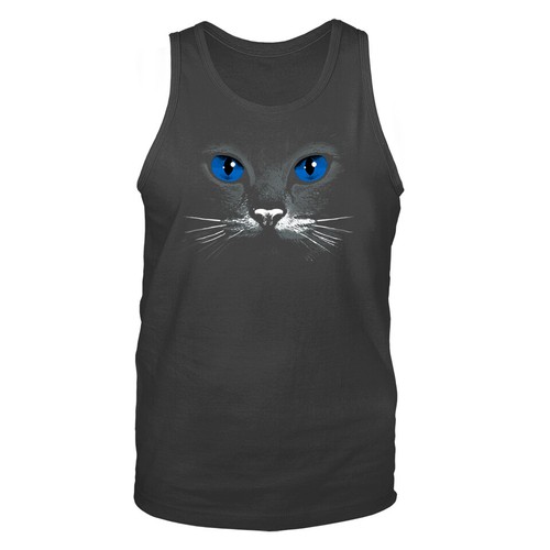 Ojos azules gato negro animales mascotas motociclistas motocicleta broma divertida humor camiseta sin mangas - Imagen 3 de 4