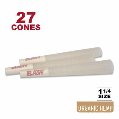 RAW 27 Organic 1 1/4 Cones, Pure Hemp 1.25 84mm Pre Rolled, W Gallery Box