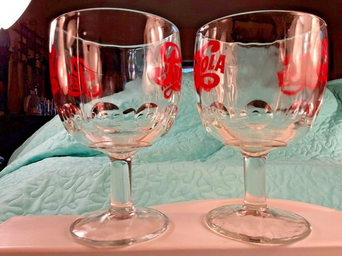 2 Vintage Pepsi-Cola Pedestal Thumbprint Stem Goblet Clear Glasses Red Letters - Picture 10 of 12