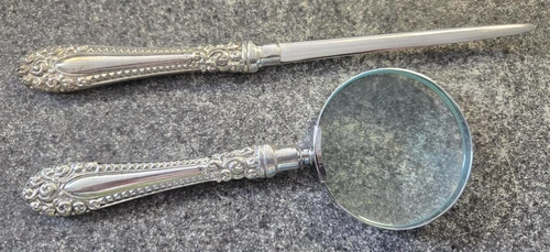 Vintage Letter Opener & Magnifying Glass Set Pewter Victorian Handle 9" & 7"