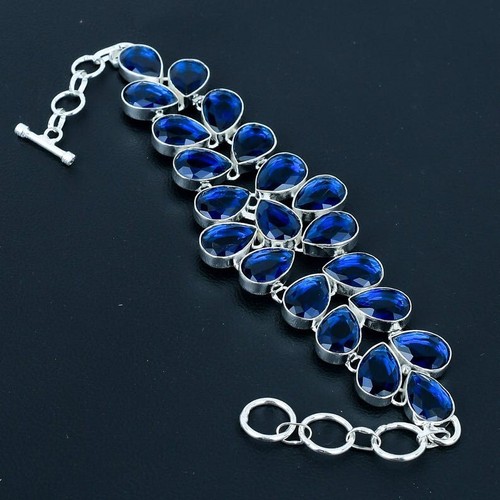 925 Sterling Silver Blue Sapphire Gemstone Handmade Jewelry Bracelet Size-8" - Picture 9 of 10