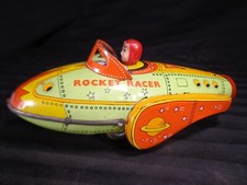 Tin ROCKET RACER Friction Power Litho Metal Rocket on Wheels Clean