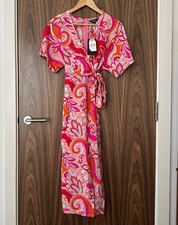NaaNaa Pink & Red Abstract Floral V Neck Wrap Tie Midi Maxi Dress UK 10 NEW