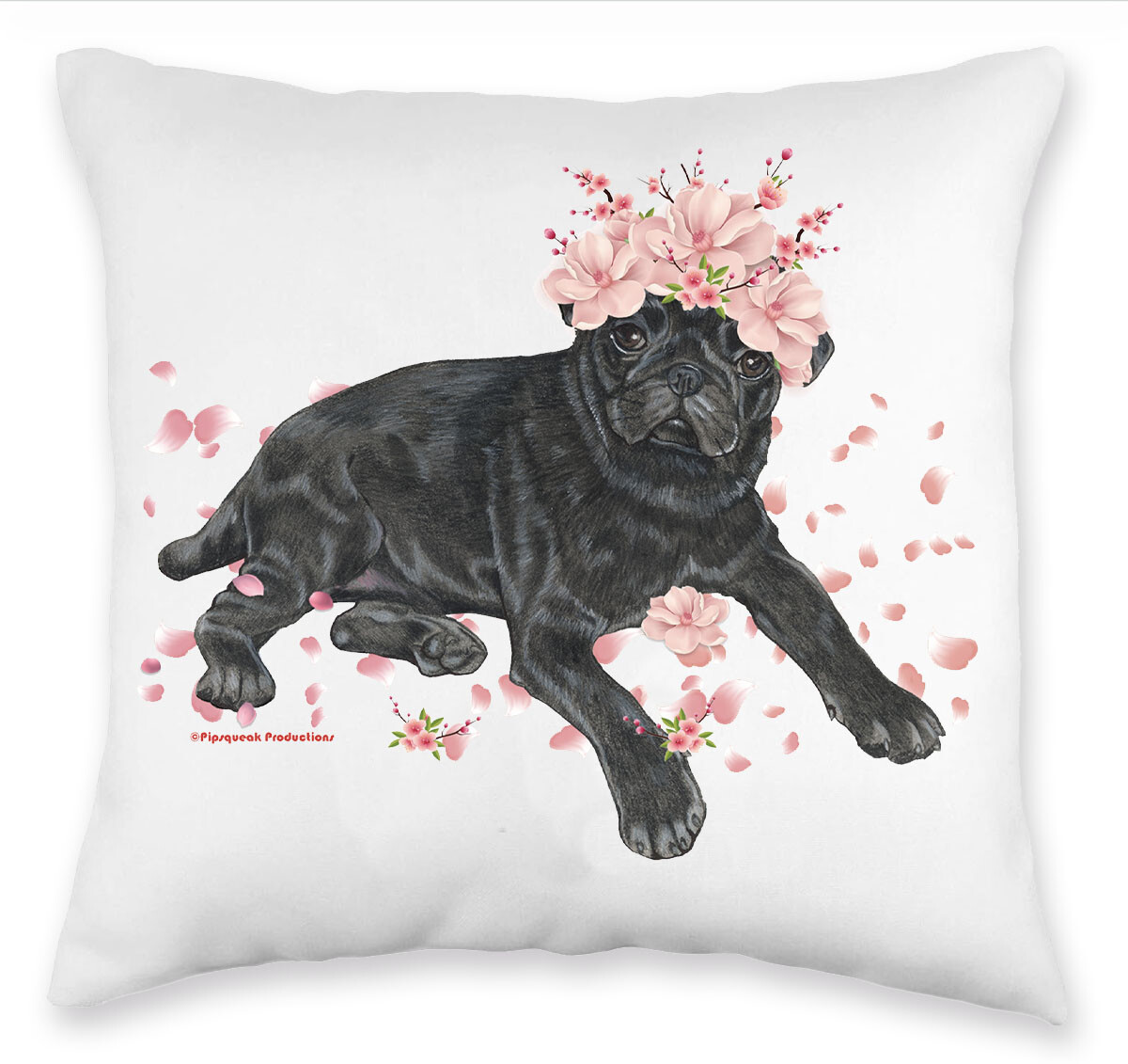 Pug Black Floral Throw Pillow, Decorative Pillow, Cute Dog Accent