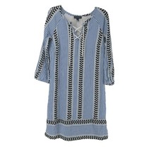 Tribal Femme Dress Bohemian Embroidered Beach Blue Size S 3/4 Sleeve Pocket Boho