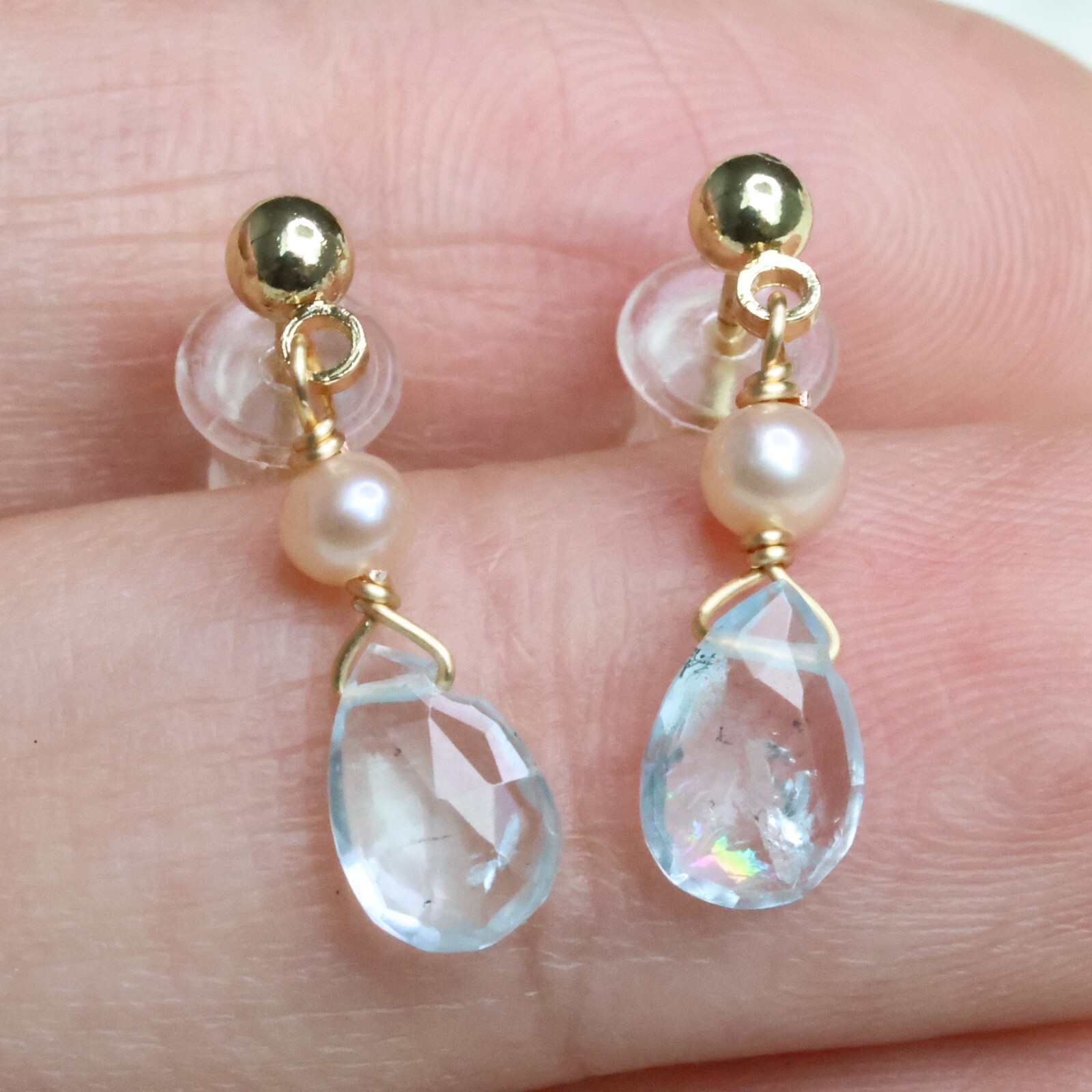 Boucles d'oreilles argent pierre précieuse naturelle aigue marine perle 2209-04