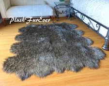 48" x 58" Black Tip Wolf Sheepskin Shape Lodge Cabin Decor Accents Home Rug