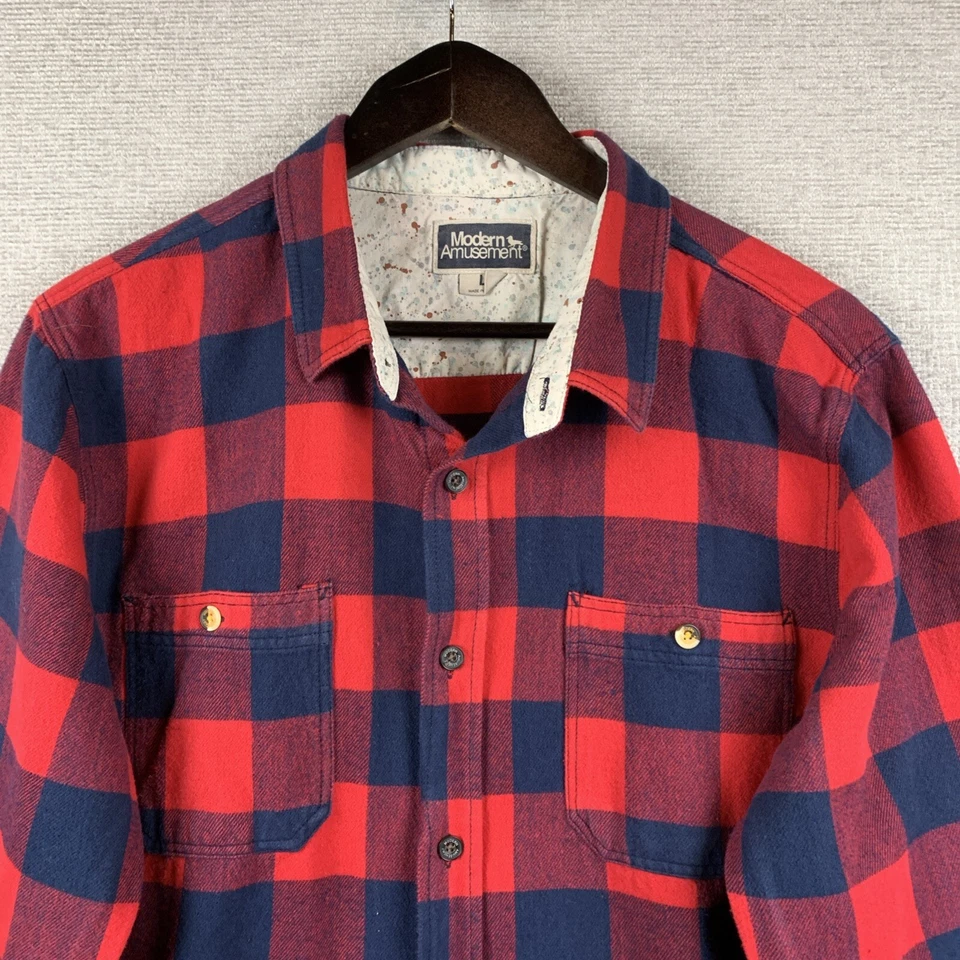 Camisa masculina de flanela com botões MODERN AMUSEMENT tamanho grande vermelha azul marinho xadrez Gorp Camp - Imagem 2 de 4