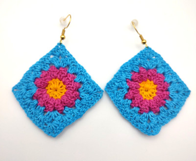 Handmade Daisy Granny Square Crochet Earrings Made With 100% Egyptian Cotton