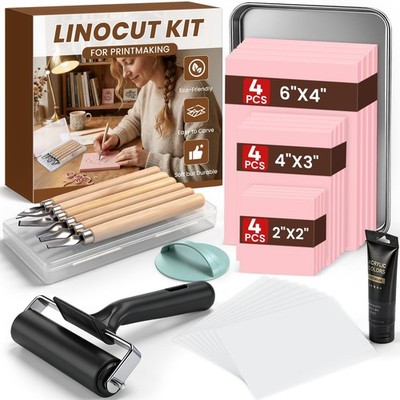 Linocut Printmaking Kit - 12Pcs Tools, Brayer, Ink, Carving Supplies for DIY Art