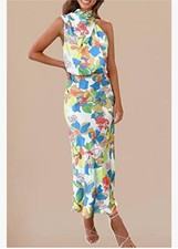 PreetyGarden Sleeveless High-Neck Floral Maxi Dress in White Multi