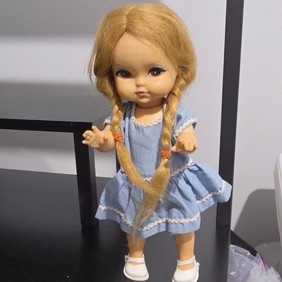Play Doll Girl Light Complexion Blonde Braided Hair Blue Dress White Shoes
