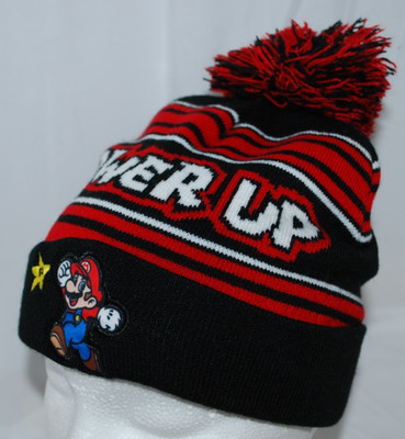 Super Mario Bros Power Up Red Back Pom-Pom Knit Beanie Hat Winter Cap