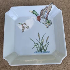 Vintage Enesco Table Ashtray Ducks ~ Hunting Outdoor  Ceramic ~ 5”
