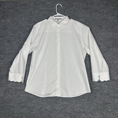 Foxcroft Wrinkle Free White Blouse Size 16 Scalloped Cuff Classic Chic