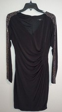 GUESS Black Bodycon Dress Size 12 Studded Sleeves Ruched Long Sleeve Cocktail