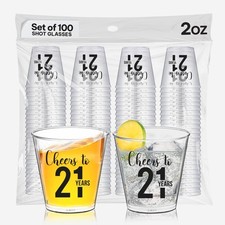 Cheers to 21 Shot Glasses, 100 Pcs, 2oz, 21st Birthday Decorations for Her an...