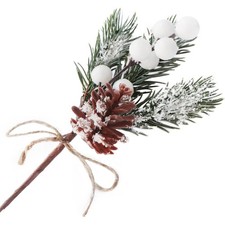 Artificial Christmas Picks White Berry Stems Frosted Pine Branches with Bow-knot