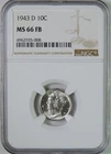 1943 D Mercury Silver Dime NGC Graded MS66 FB Full Bands GEM Uncirculated