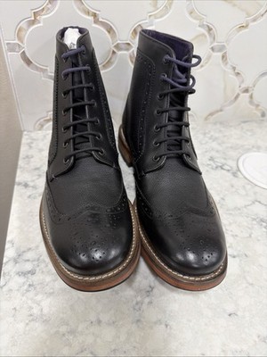 Ted Baker Sealls 3 Black & Purple Accent Leather Wing-tip Brogue Ankle Boots