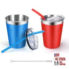 Stainless Steel Kids Cups with Straws and Lids, 2 Pack Toddler 2colorblue red