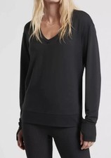 ATHLETA Sunrise V-Neck Black Sweatshirt M Thumbholes Pullover Modal Blend EUC