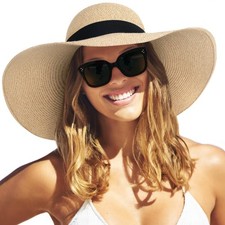 Womens Sun Straw Hat Wide Brim UPF 80 Summer Hat Foldable Packable Floppy Bea...