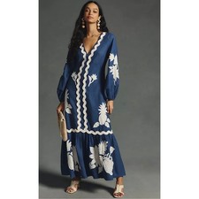 Farm Rio Flounce Blue & White Embroidered Linen-Blend Maxi Dress Pockets Size XS