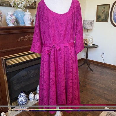 Lane Bryant Pink Lace Midi Dress Womens 24 Fuchsia Fit Flare Ribbon Tie  Party | eBay