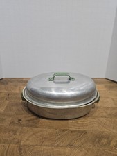 Vintage Toy Aluminum Roaster Pan w/ Lid - Approx. 6" - Dents Green Handles