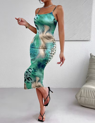 #ad NEW Medium. Sexy Intoxicating Abstract Leopard Aqua Green Camisole Midi Dress. $32.73