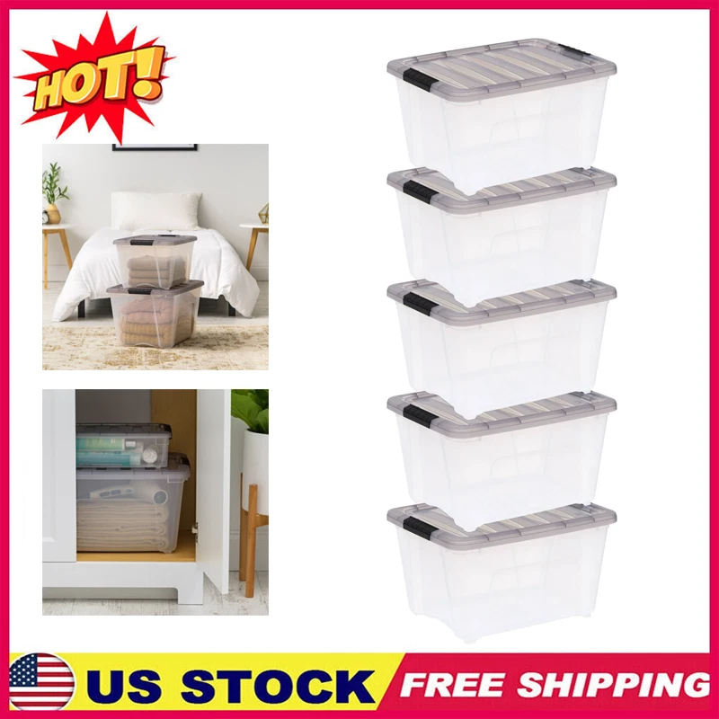 IRIS USA 19 Quart Stack & Pull Clear Plastic Storage Box, Gray, 5