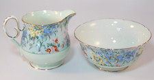 Shelley Melody Green Floral Gilded Creamer Cream Jug Sugar Bowl Excellent